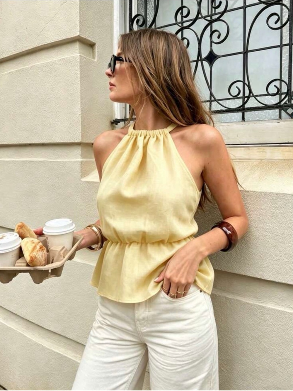 Sleeveless Yellow Halter Peplum Top - Women